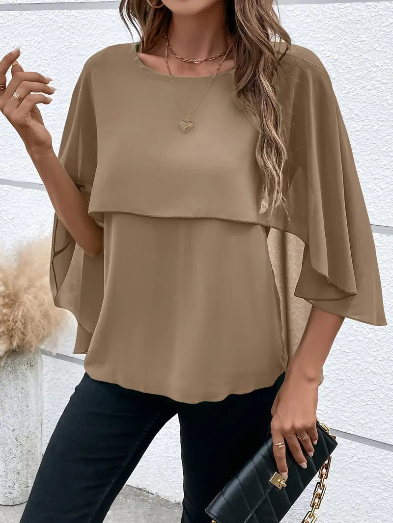 Dames Cape Sleeve Shirt met Ronde Hals